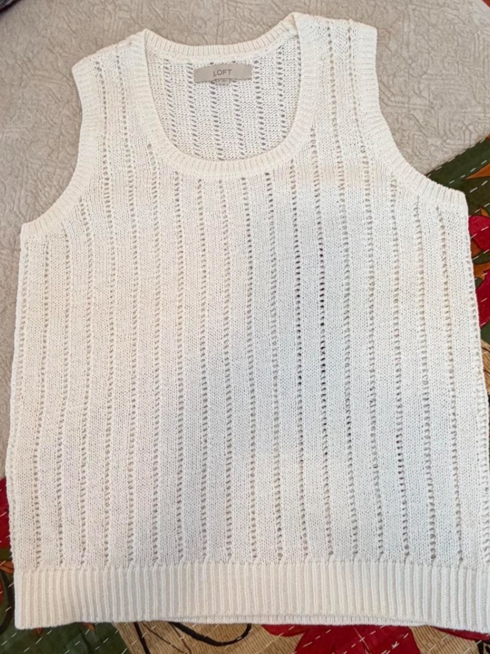 LOFT Cream Open-Knit Sleeveless Scoop Neck Tank